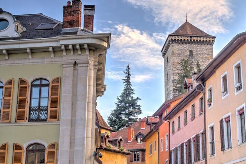 A historic building with a tower, a large tree, and colorful facades. 5