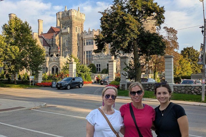 A castle-like building with a stone facade, a large tree, and a street with cars. 2