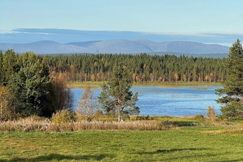 Un lago rodeado de árboles y praderas, con montañas a lo lejos. 2