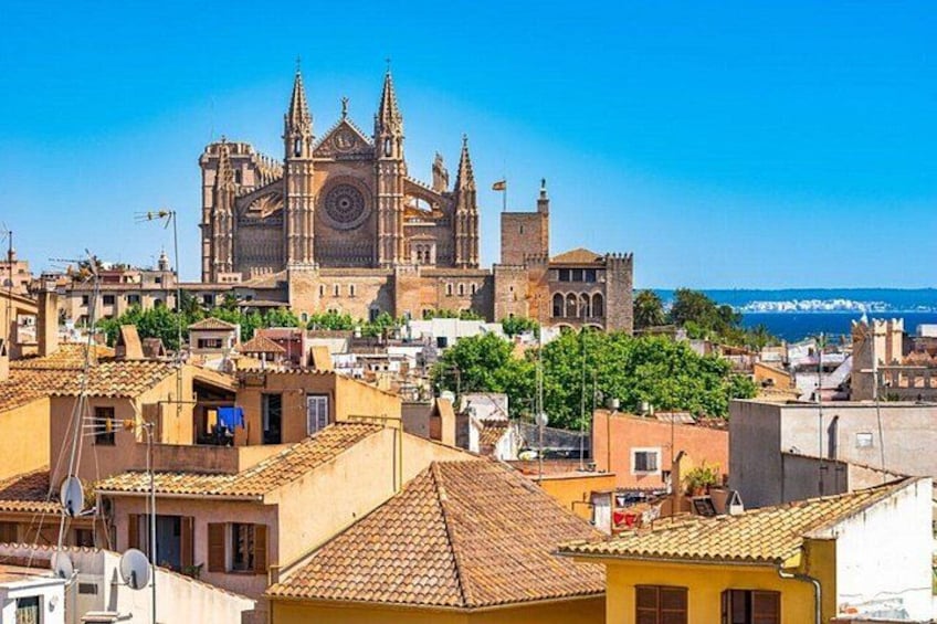 A cathedral with a large circular window and two spires, surrounded by residential buildings with terracotta roofs. 5