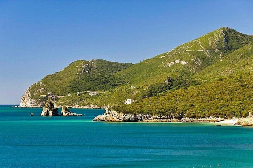 Eine Küstenlandschaft mit klarem türkisfarbenem Wasser, einem grünen Hügel mit vereinzelter Vegetation und einer felsigen Küstenlinie. 5