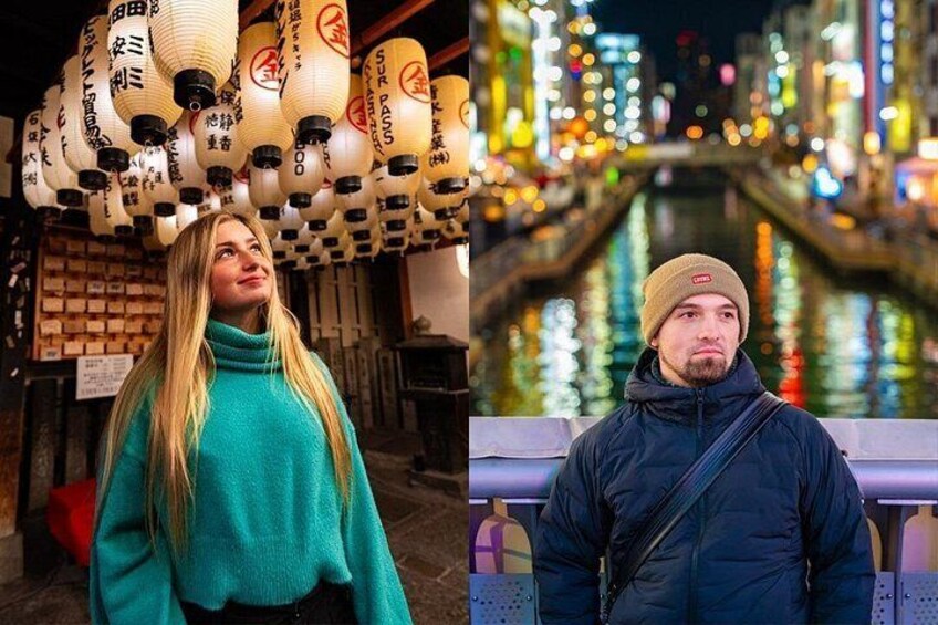 En person i en teal sweater står indendørs med traditionelle japanske lanterner i baggrunden. 1