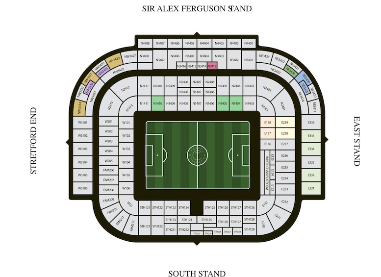 A stadium layout with sections labeled from N4408 to STH223. 5