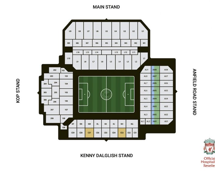 Un plan du stade indiquant les différentes tribunes, notamment la tribune principale, la tribune KOP et la tribune Kenny Dalglish. 4