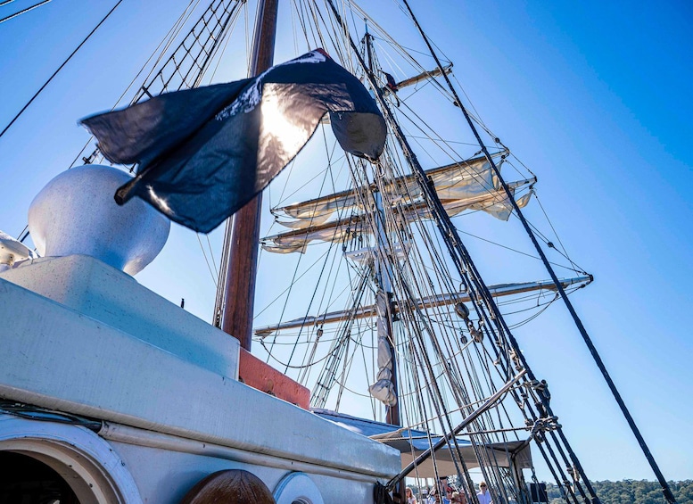 A tall ship with multiple masts and rigging, a large white spherical object on the bow, and a crowd of people in the background. 2