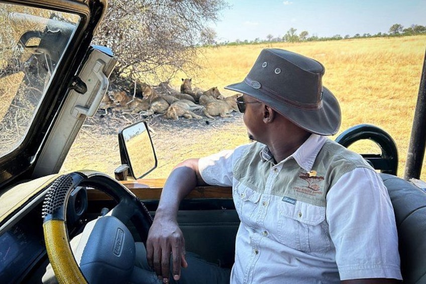 A person in a safari vehicle, steering wheel visible, and a landscape with dry grass and trees. 2
