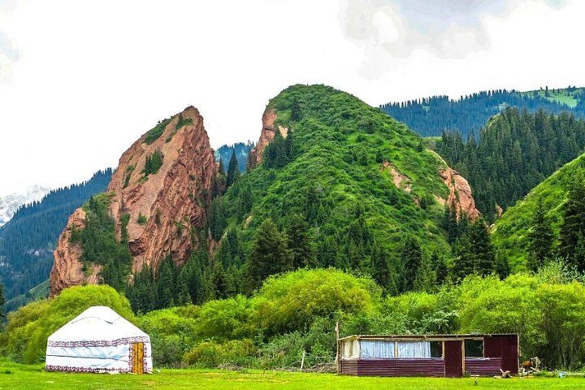 A yurt and a small building in a mountainous area with dense forests. 1
