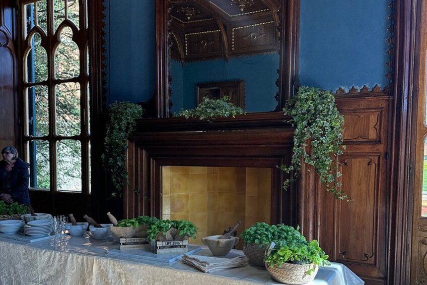 A room with a fireplace, wooden furniture, and potted plants. 5