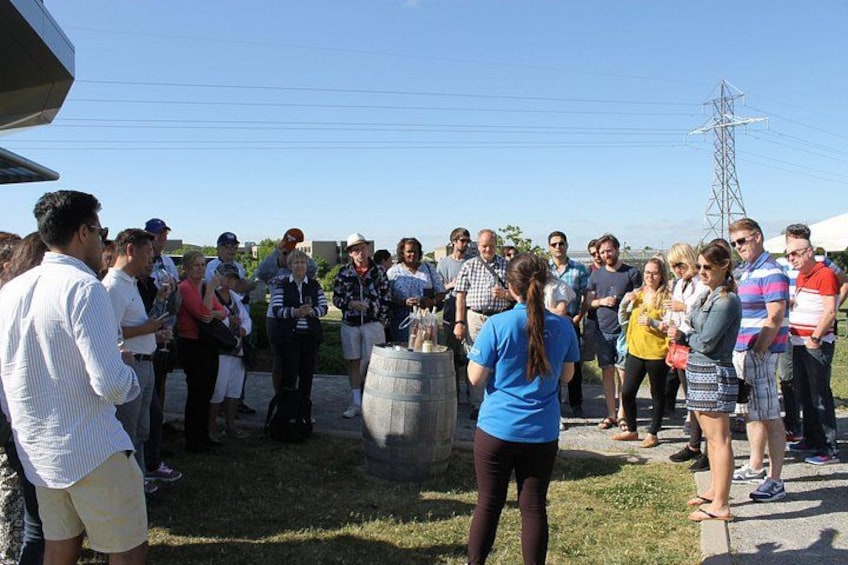 Un grupo de personas reunidas al aire libre, algunas de pie y otras sentadas, con un cielo despejado y un poste de servicios en el fondo. 2