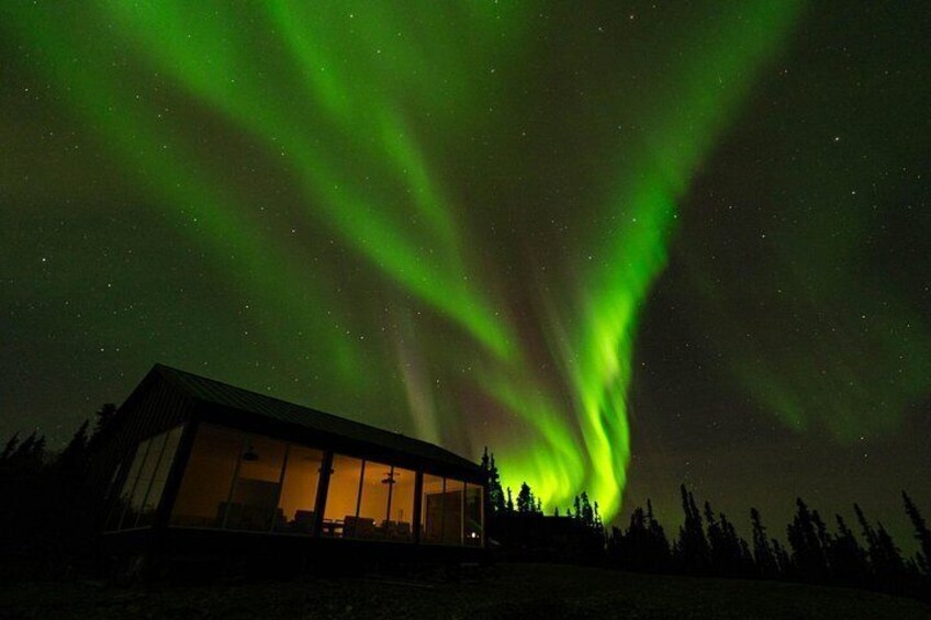 A house with a lit interior, surrounded by trees, under a night sky with green aurora borealis. 5
