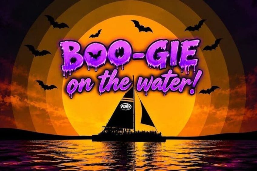 A sailboat with a FUR logo on the water against a sunset with a full moon and bats in the sky. 4