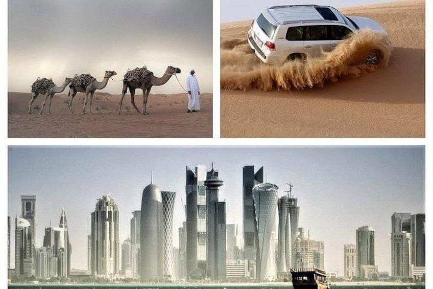 Camels, a desert landscape, and a city skyline with modern buildings. 1