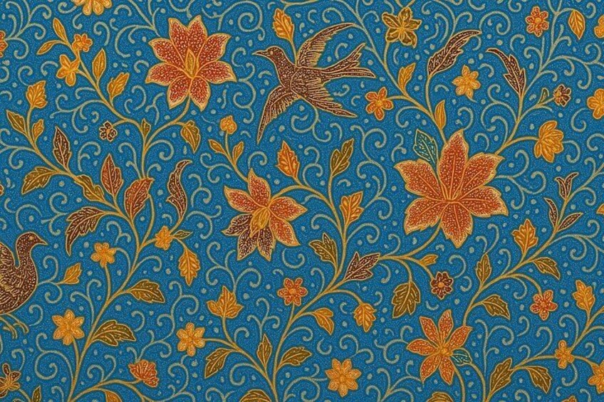 Fondo azul con motivos florales en naranja y amarillo. 3