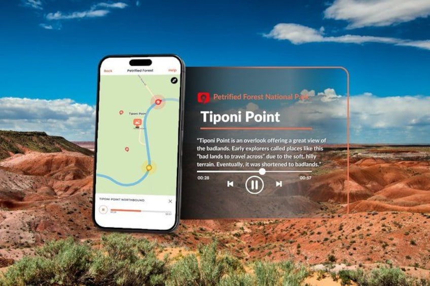 Un teléfono inteligente mostrando un mapa con una ubicación marcada como 'Tiponi Point' y una tableta con la descripción del punto. 2