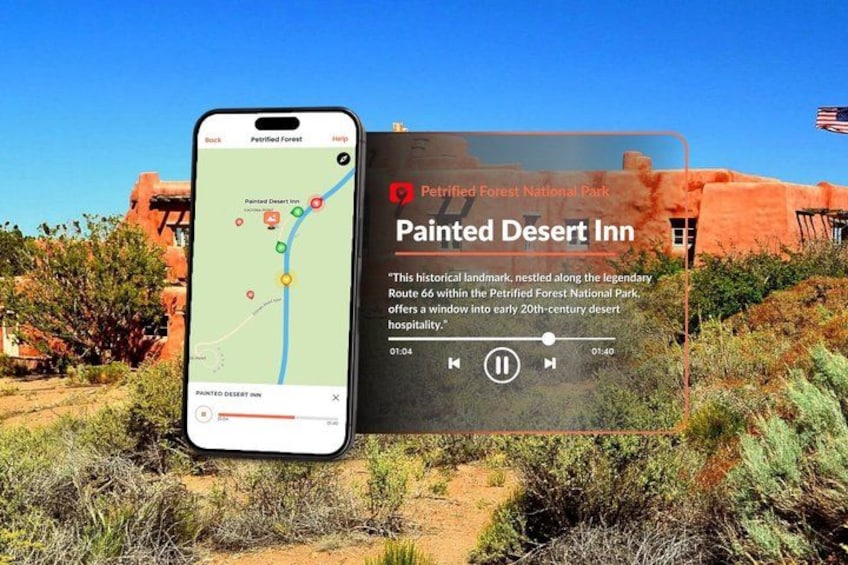 Un teléfono inteligente muestra un mapa con un marcador de ubicación, un cartel de Painted Desert Inn y un paisaje desértico. 4