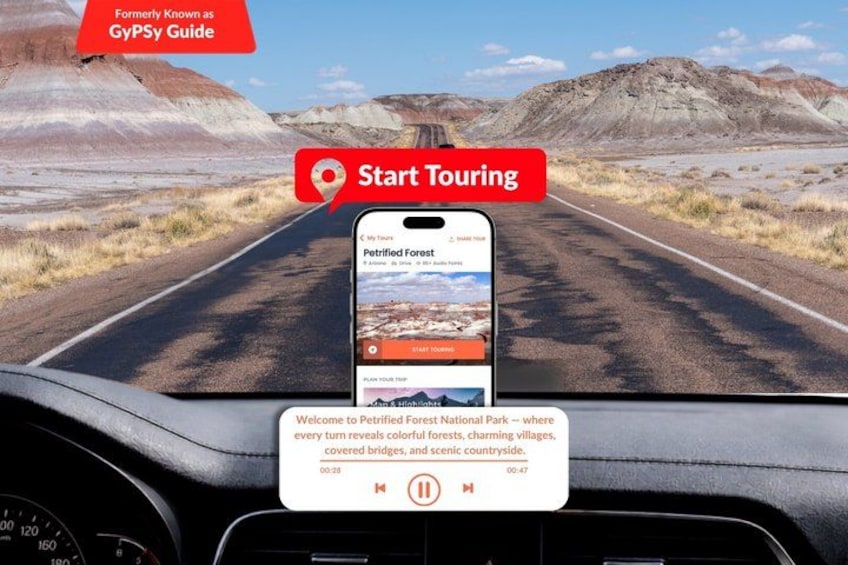 Un teléfono inteligente muestra un mapa con un indicador rojo de ubicación, una carretera que atraviesa un paisaje desértico y un mensaje de bienvenida al Parque Nacional del Bosque Petrificado. 1