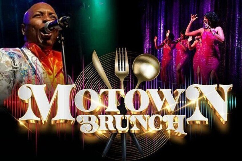 A promotional poster for Motown Brunch with a microphone, dancers, and a dining fork and spoon. 1