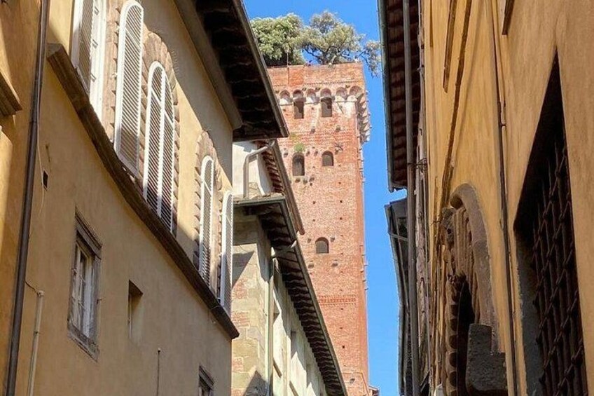 A narrow street with buildings, a brick tower, and a tree. 5