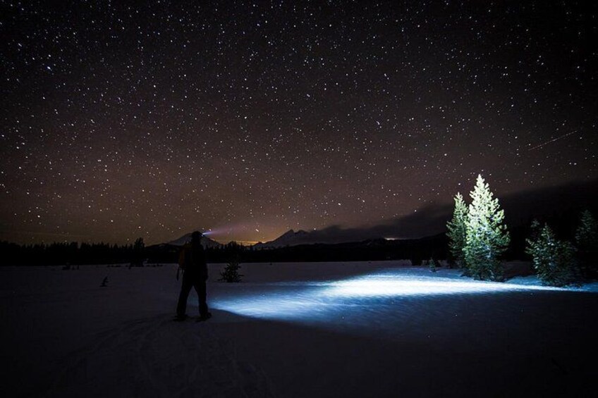 A person standing in a snowy landscape under a starry night sky. 5