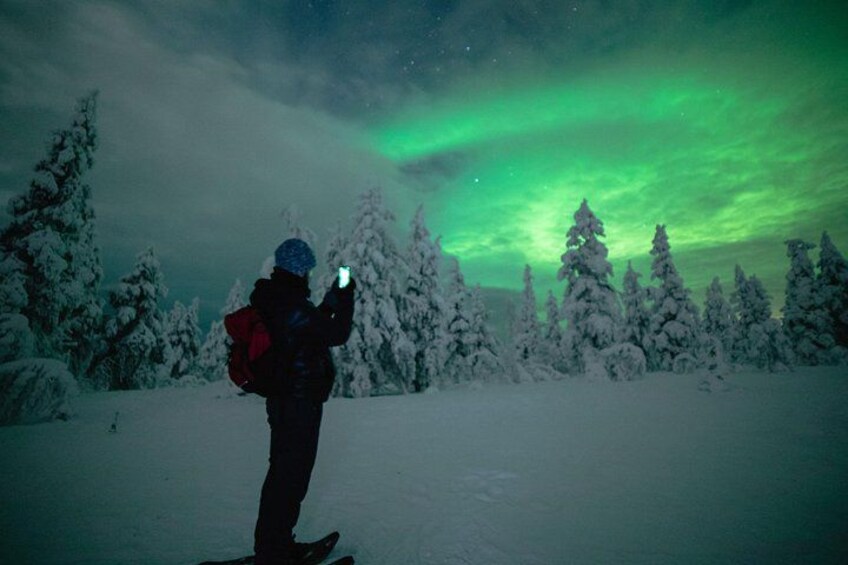 A person taking a photo of the aurora borealis in a snowy forest. 2
