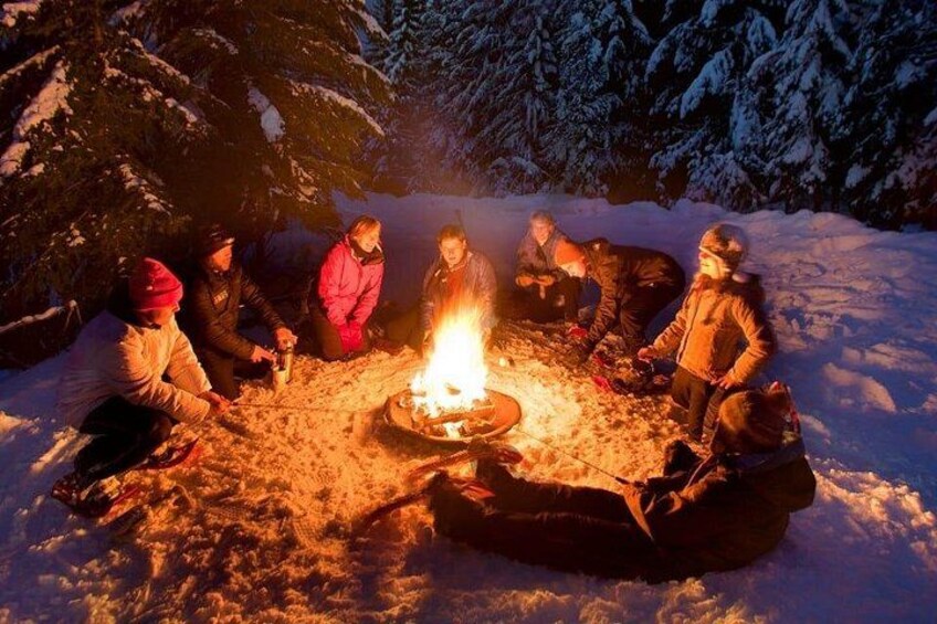 A group of people sitting around a campfire in a snowy outdoor setting. 3