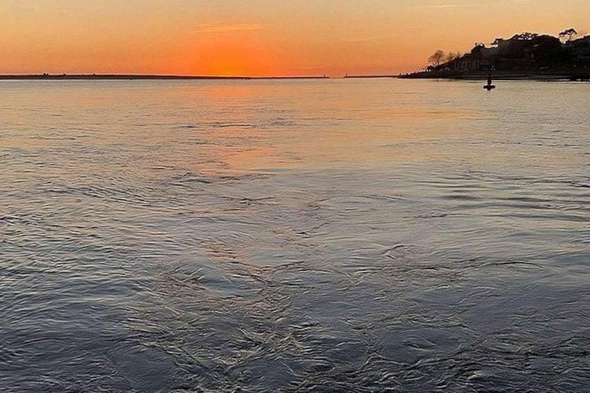 Un cuerpo de agua en calma que refleja un atardecer con una costa lejana y una boya. 4