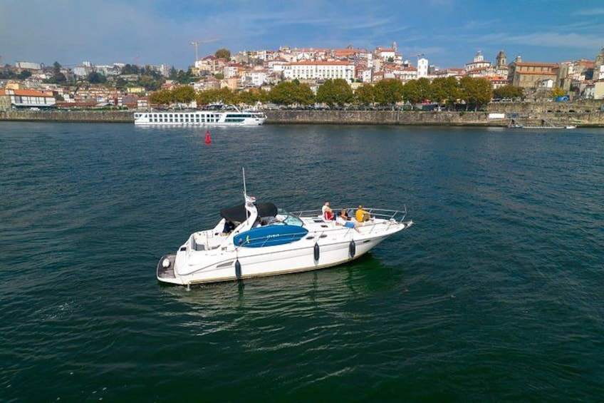 Una lancha blanca con pasajeros en un río tranquilo, un barco más grande al fondo y un paisaje urbano con edificios y árboles a lo largo de la ribera. 3