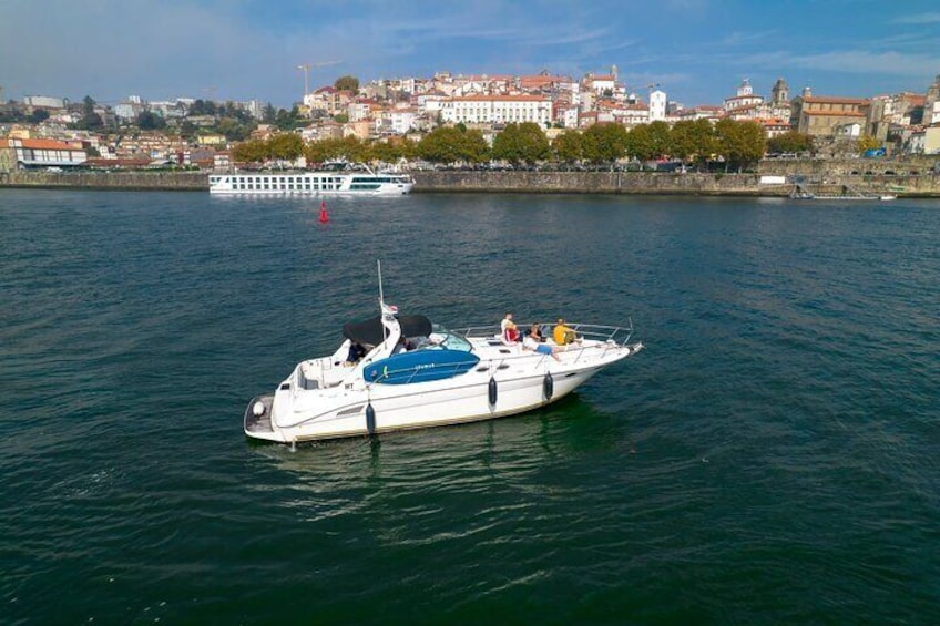 Un bateau blanc transportant des passagers sur une rivière paisible, un plus grand navire en arrière-plan et un paysage urbain avec des bâtiments et des arbres. 3
