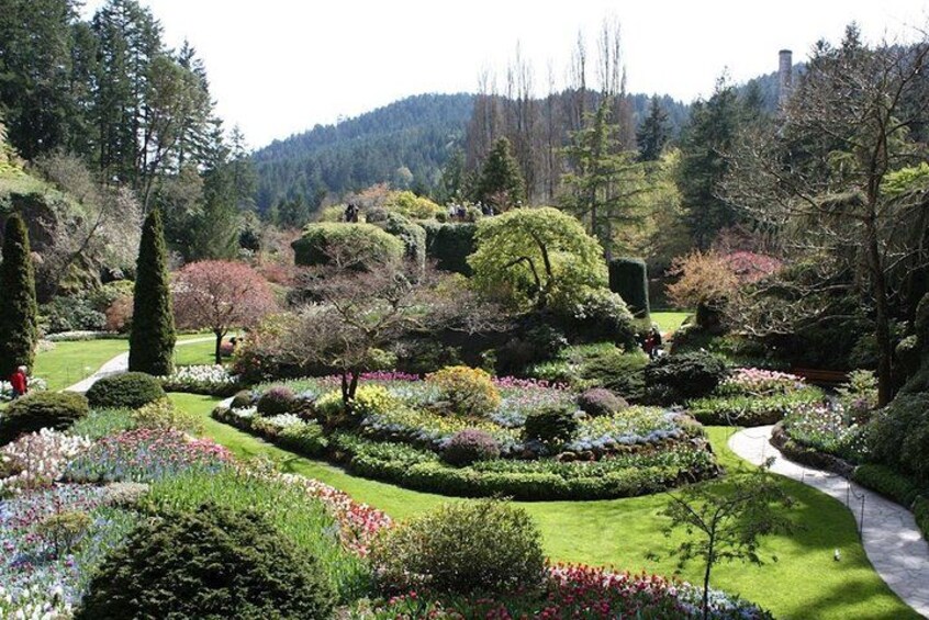 A well-manicured garden with various flower beds, neatly trimmed hedges, and a winding path. 4