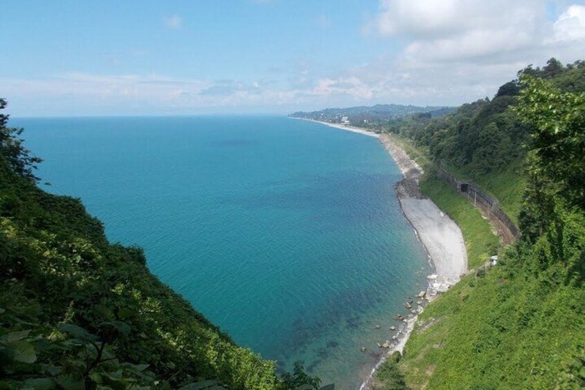 A coastal landscape with a beach, ocean, and surrounding greenery. 5