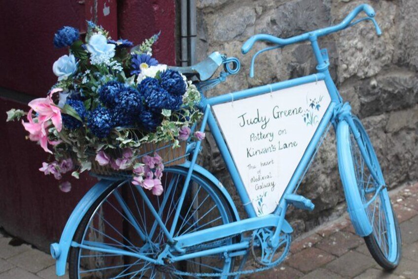 Een blauwe fiets met een mand vol bloemen en een bordje met de tekst 'Judy Greene Pottery on Kinver's Lane'. 4