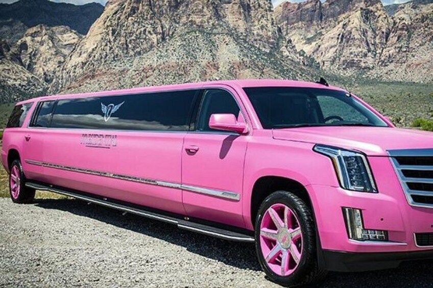 En rosa Cadillac-SUV parkerad på en grusplan med ett bergigt landskap i bakgrunden. 5