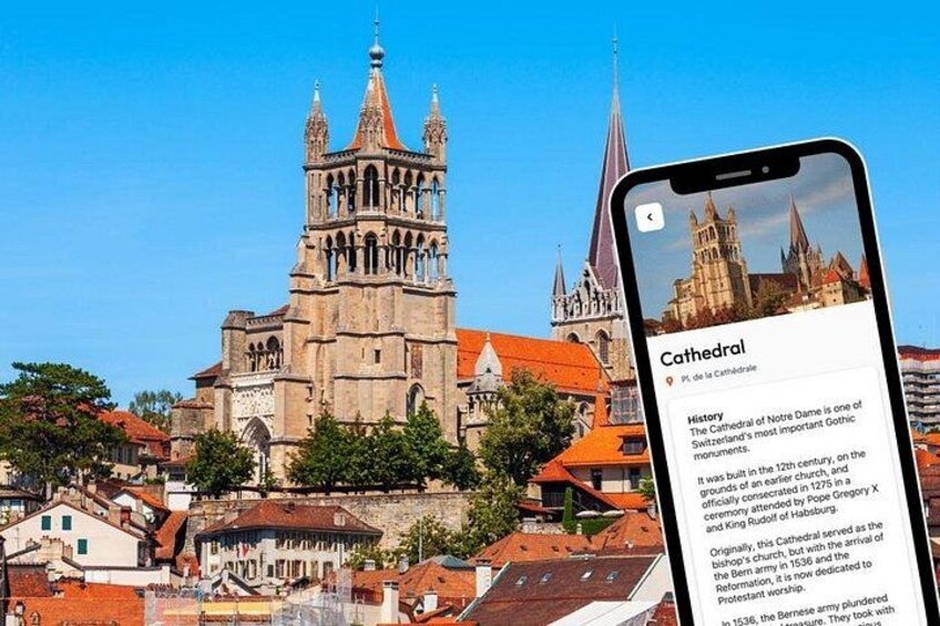 A historic cathedral with a tall bell tower, surrounded by urban buildings. 1