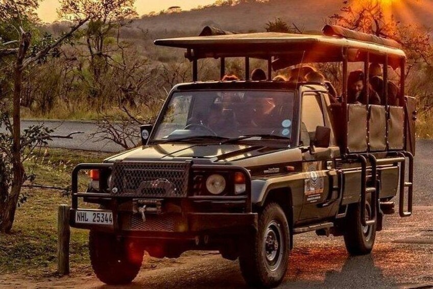 Vehículo safari con pasajeros estacionado en una carretera, con paisaje natural de fondo. 1