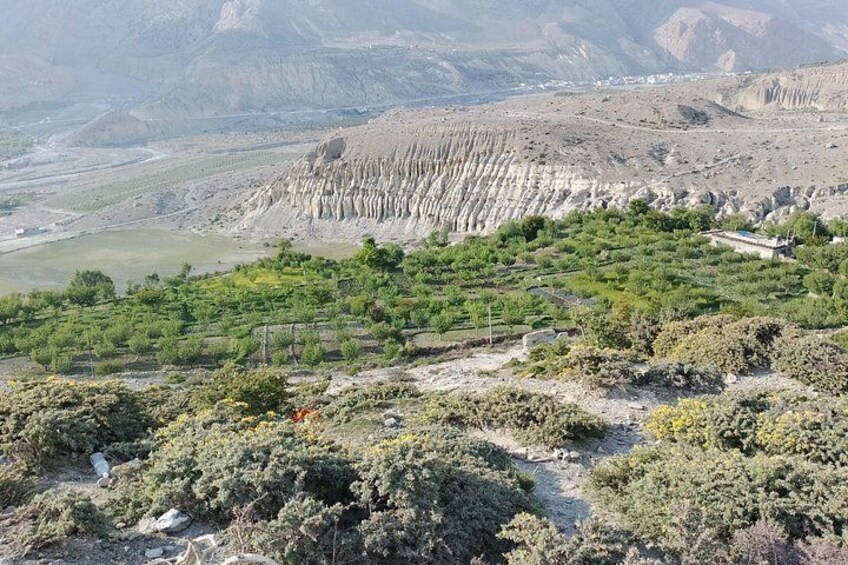 A rugged landscape with a prominent rock formation, a small settlement, and sparse vegetation. 3