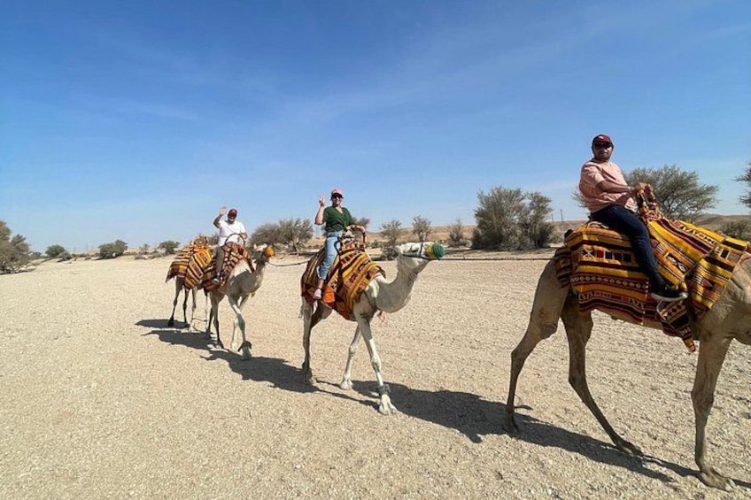 Three camels with riders in a desert landscape. 1