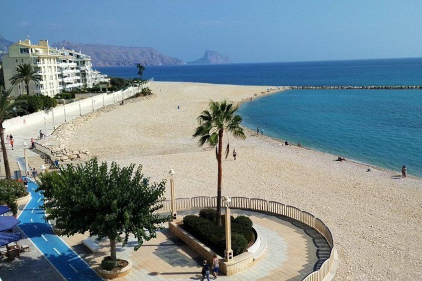 A beach with a curved walkway, palm trees, and a clear blue sea. 5