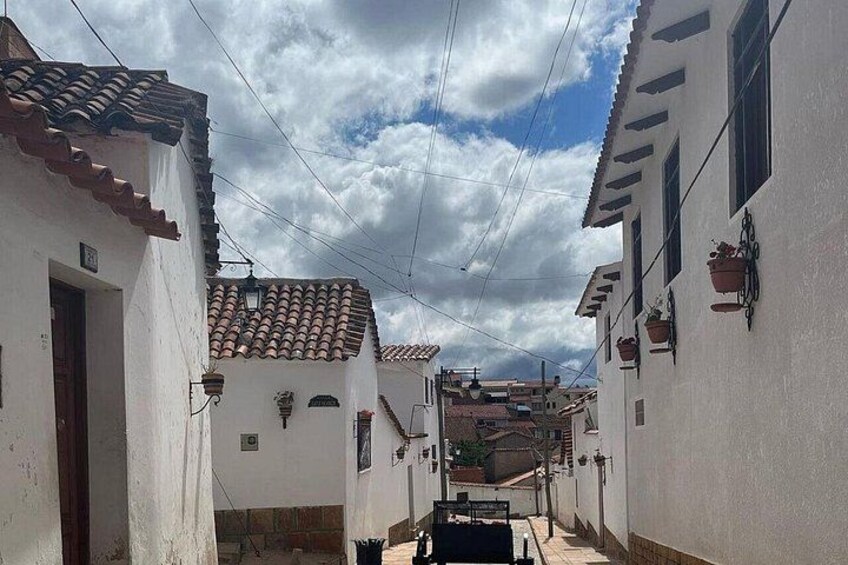 A narrow street with white buildings, red-tiled roofs, and hanging flower pots. 4