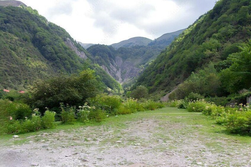 A valley with lush greenery and a dirt path leading through it. 4