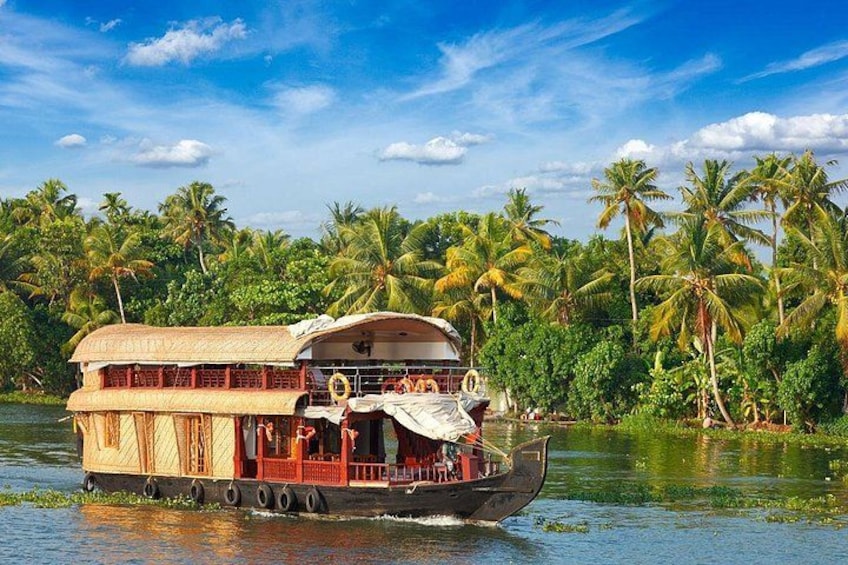 A houseboat on water with a thatched roof, surrounded by palm trees. 1