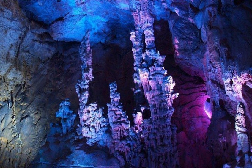 Spectacular stalactite formations in the Cave of Canelobre, illuminated to highlight their natural textures 3