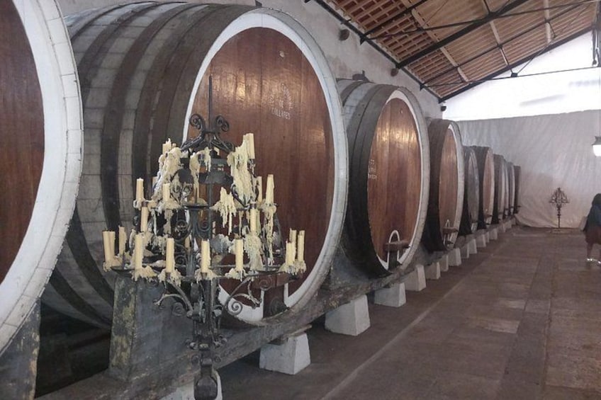De grands tonneaux en bois, utilisés pour le vin, sont entreposés dans un entrepôt. 5