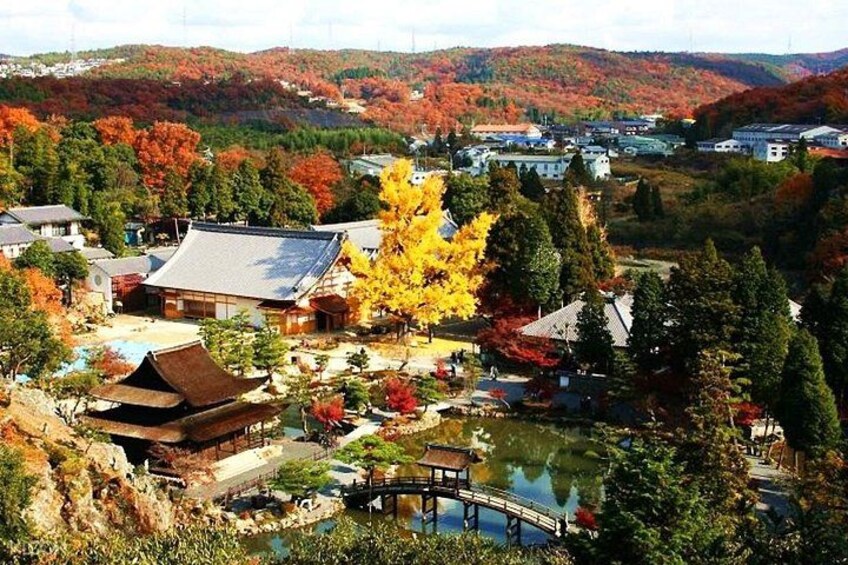 A traditional Japanese village with autumn foliage, a pond, and a bridge. 1