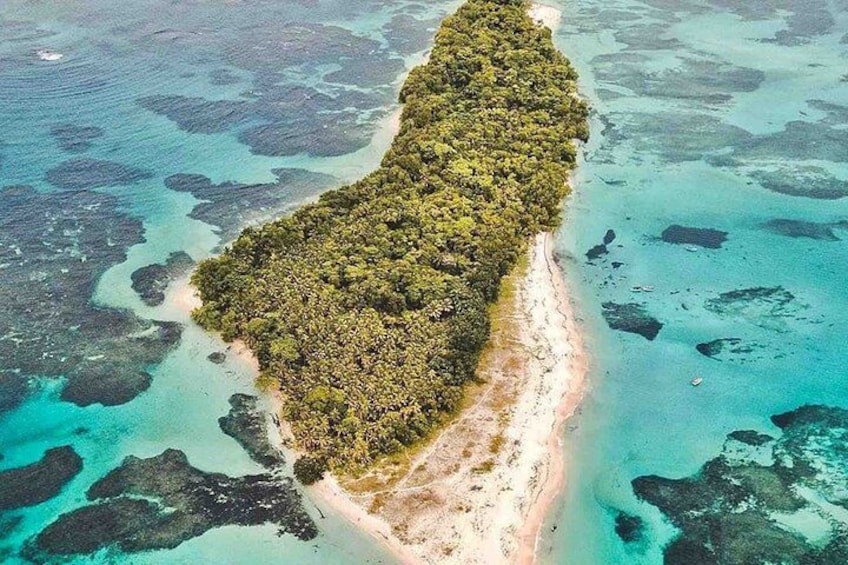 An aerial view of a narrow, elongated island with dense vegetation, surrounded by clear blue waters and coral reefs. 1