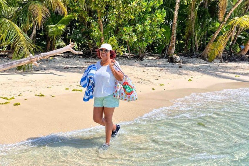 A person walking on a sandy beach with palm trees and clear water. 2