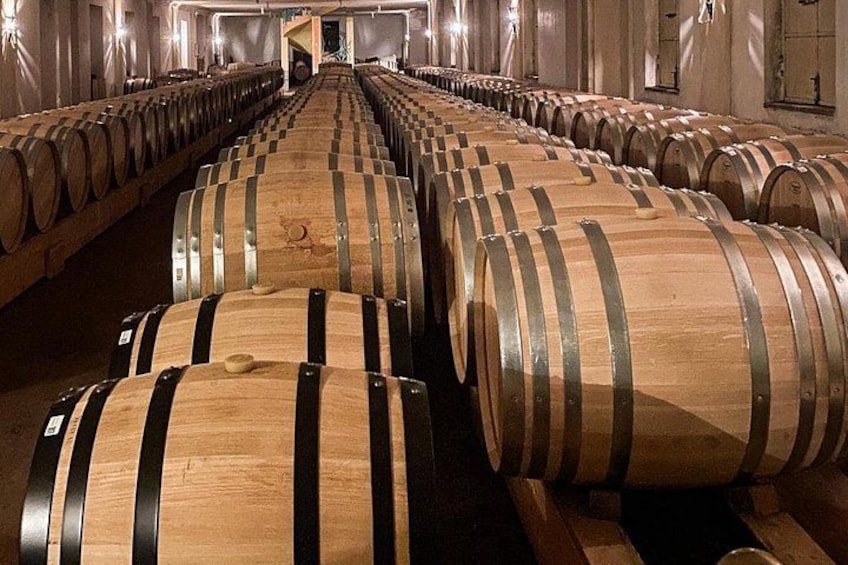 Rows of wooden wine barrels in a dimly lit cellar. 5