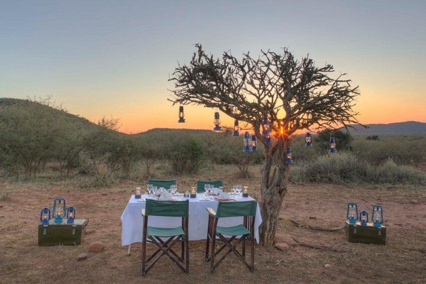 An outdoor dining setup with tables and chairs under a tree, surrounded by desert landscape and sunset. 2