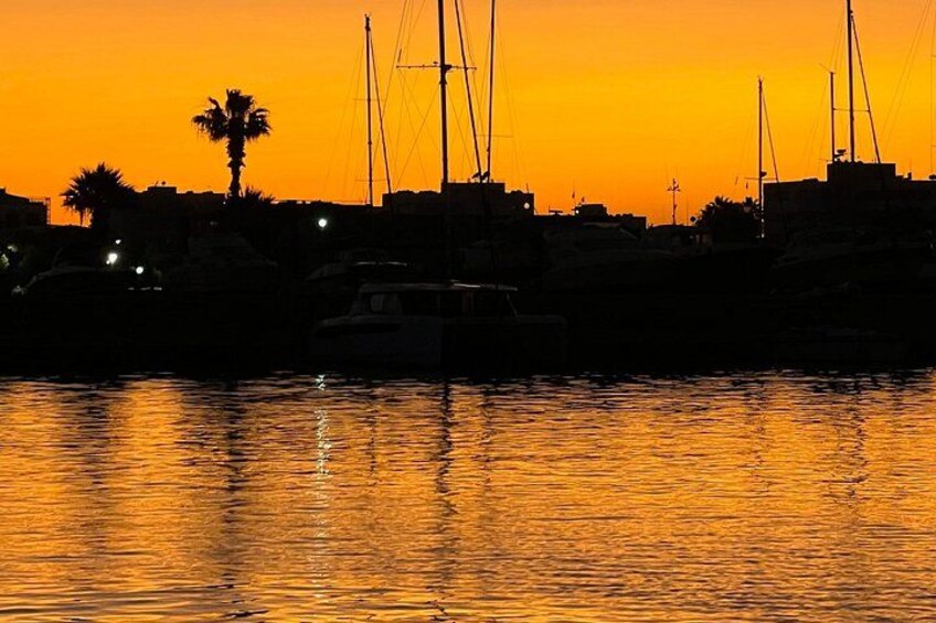 Un atardecer sobre un puerto deportivo con barcos y palmeras siluetas contra el cielo. 2