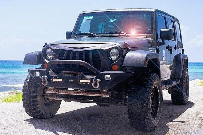 A rugged off-road vehicle parked by the beach with the ocean in the background. 1