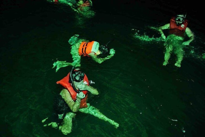 People scuba diving in a dark underwater environment. 5